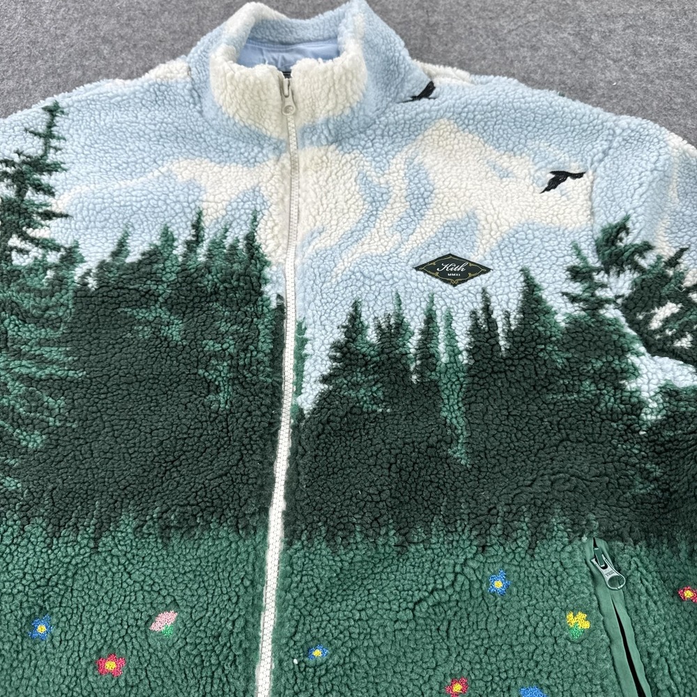 Kith Sherpa Fleece Jacket Men Medium Pinehurst Landscape Full Zip Forest Larimar - Picture 2 of 11